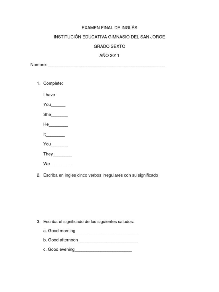 Examen Final de Inglés 6to Grado | PDF | Artes del Lenguaje y Comunicación