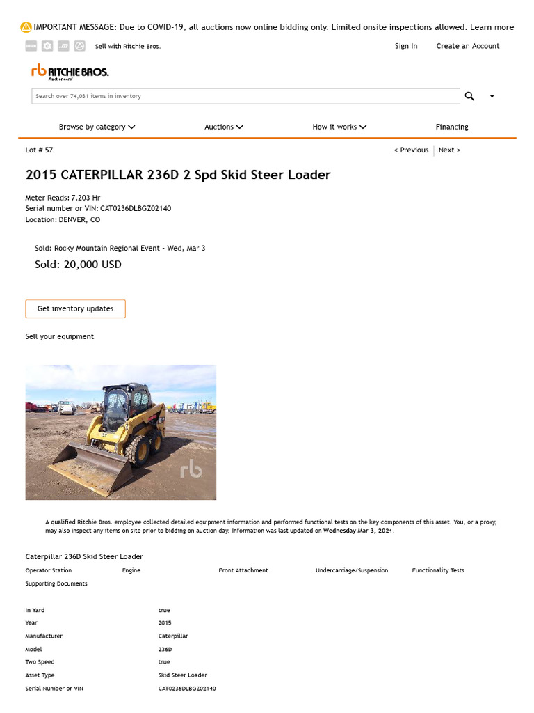 2015 CATERPILLAR 236D 2 SPD Skid Steer Loader Lot #57 - Ritchie Bros ...