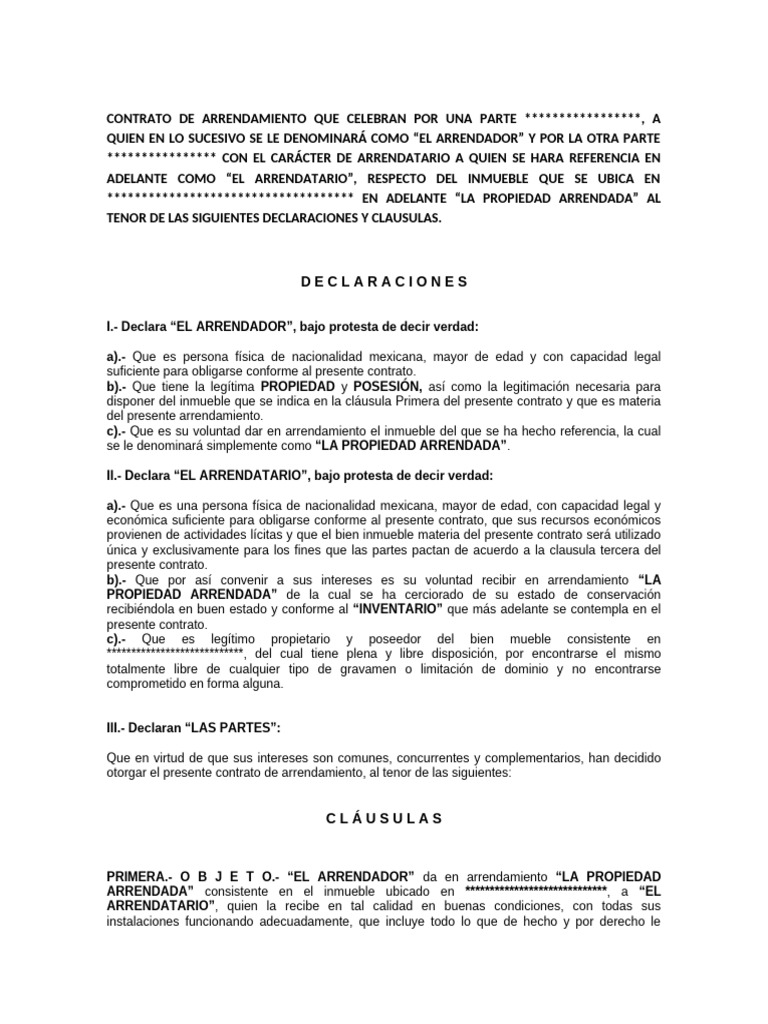 Machote Contrato de Arrendamiento Con Garantía Mueble | PDF
