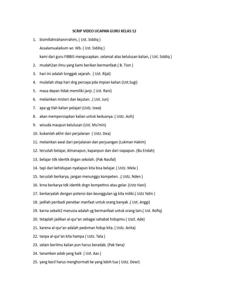 Script Video Ucapan Guru Kelas 12 | PDF