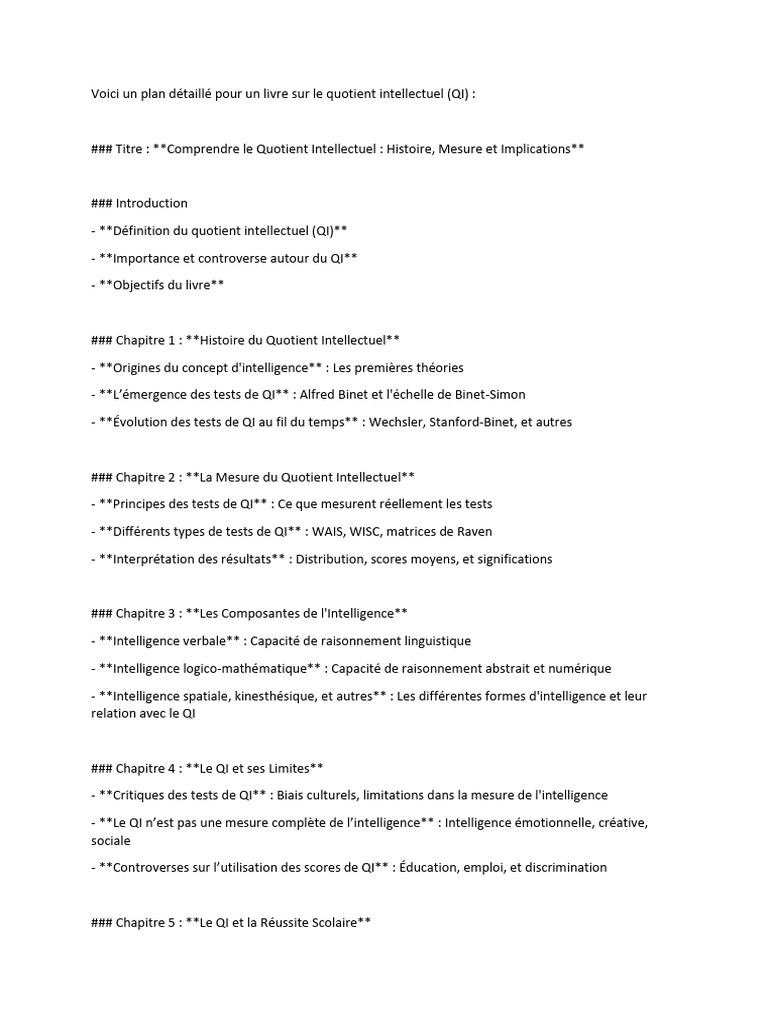 Voici un plan d taill pour un livre sur le quotient intellectuel pdf