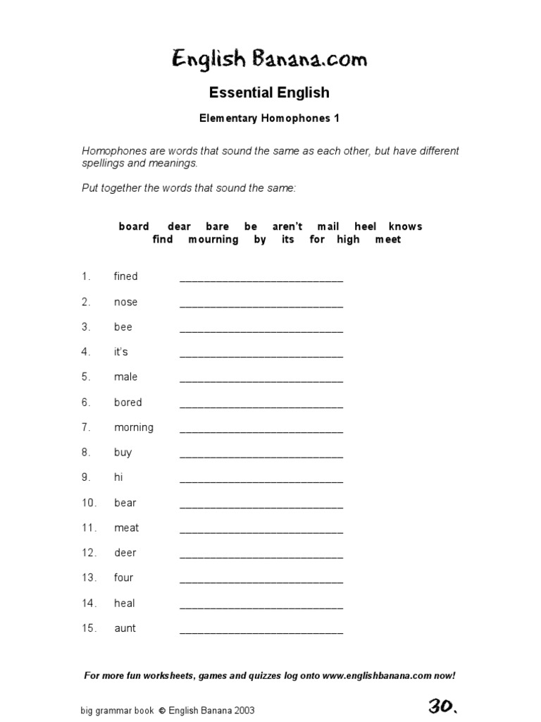 Elementary Homophones Worksheet | PDF | Language Arts & Discipline ...