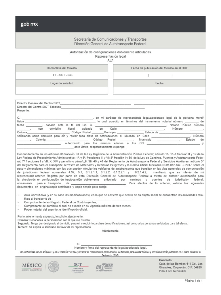 Formato - AE1 - Representación - Legal - MIR - 448311 - Tabasco | PDF