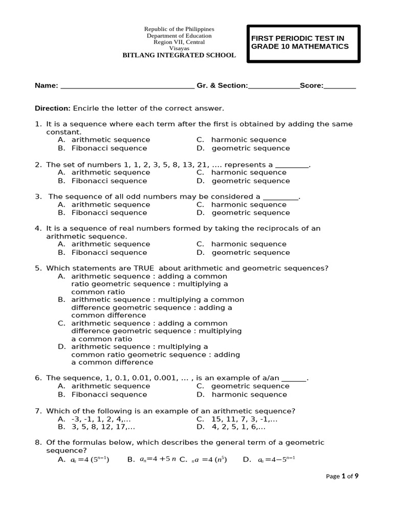 MATH 10 FIRST PERIODIC TEST With Answer Key | PDF
