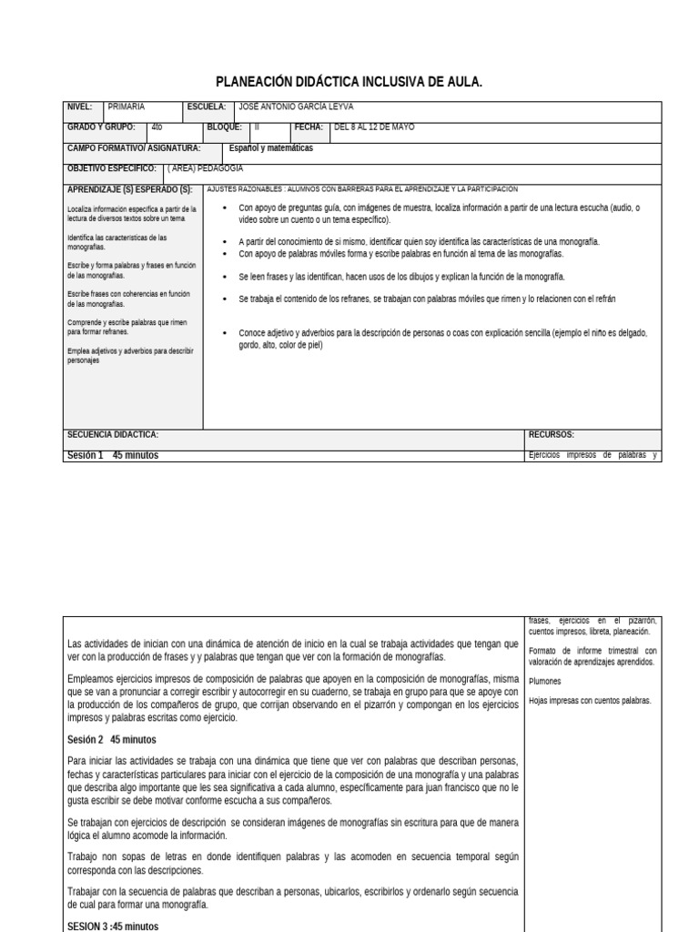 Planeación Didáctica Inclusiva de Aula 4º | PDF