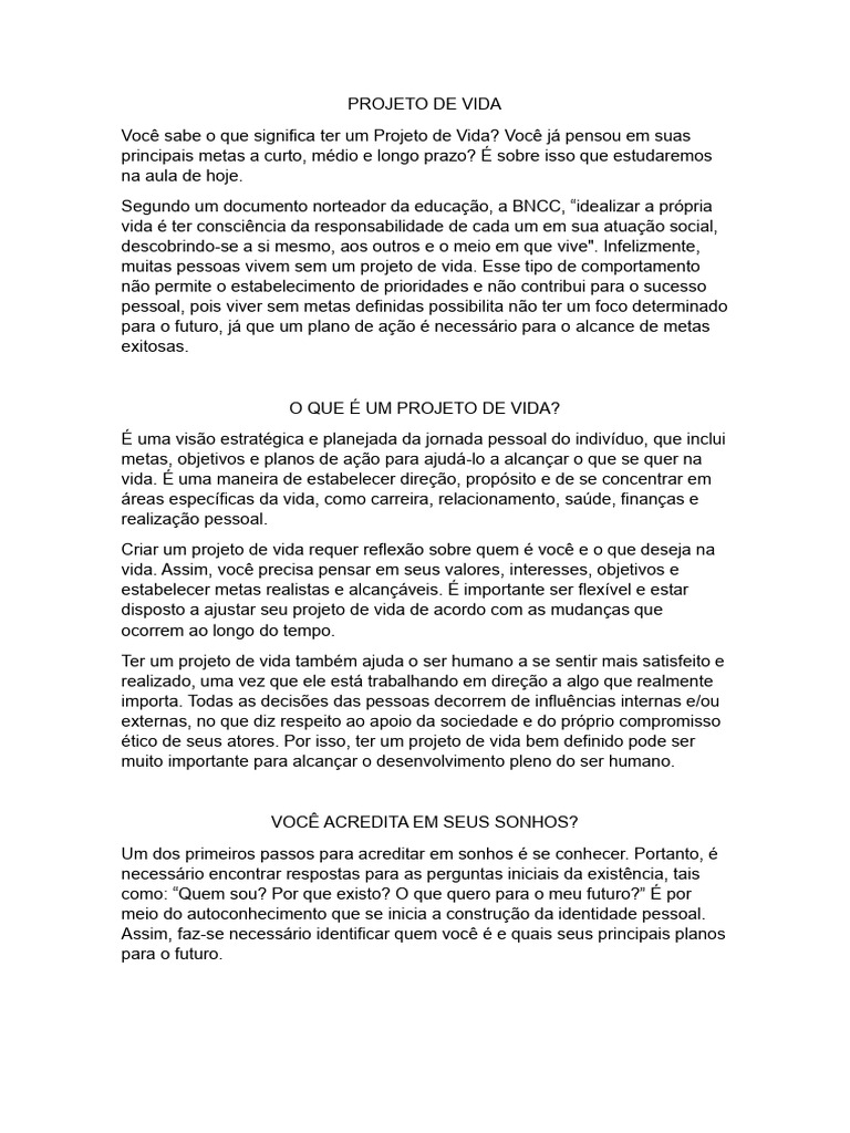 Importância do Projeto de Vida | PDF | Vida | Motivação