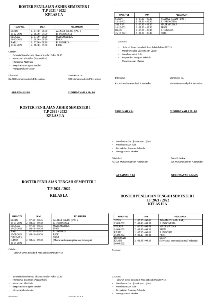 Roster Pelajaran Tengah Semester 1 | PDF