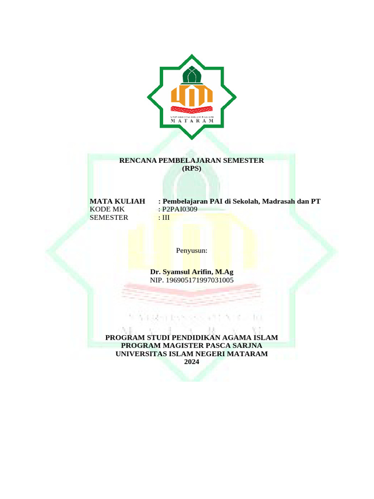 RPS Integrasi Pembelajaran Pai Di Sekolah, Madrasah Dan PT | PDF