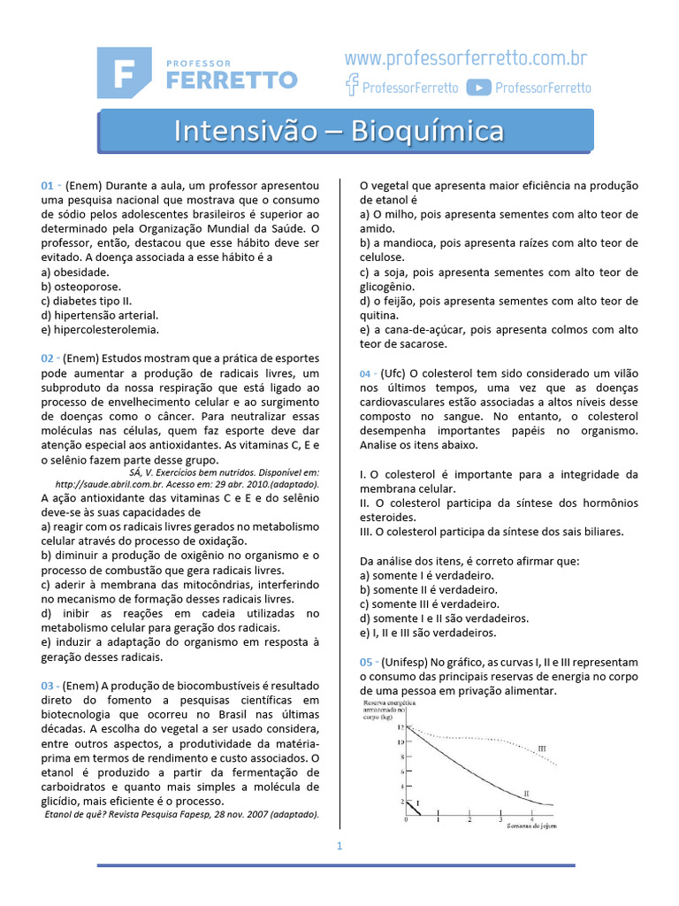 Lista de Exercícios Bioquimica | PDF