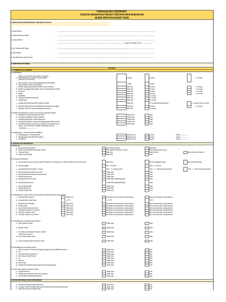 Form Self Asessment Klinik Pratama Rawat Inap 2024 | PDF