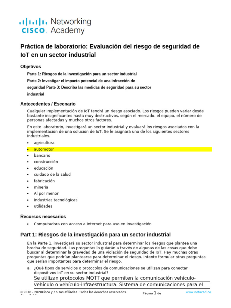 1.2.2.9 Lab - Evaluate The IoT Security Risk in An Industry Sector - En ...