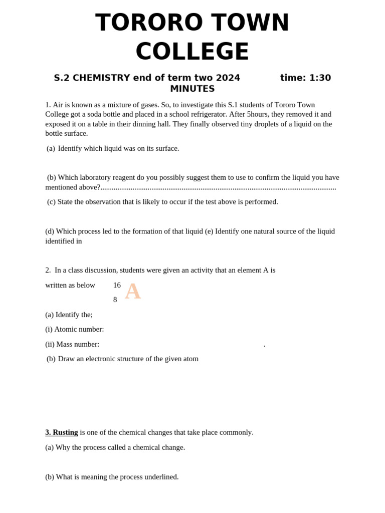 S.2 CHEMISTRY End of Term Two 2024 Time: 1:30 Minutes: 3. Rusting | PDF