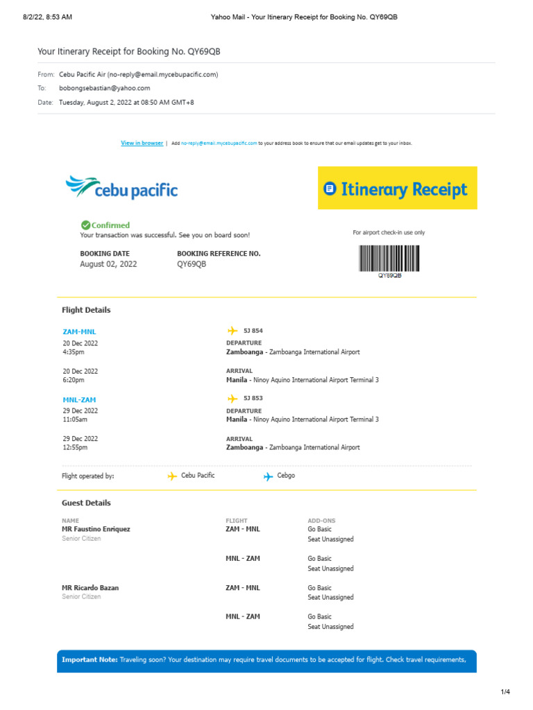 Yahoo Mail Your Itinerary Receipt For Booking No. QY69QB | PDF
