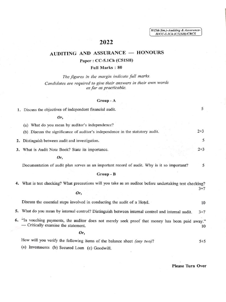 CU-2022 B. Com. (Honours) Auditing and Assurance Semester-5 Paper-CC-5 ...