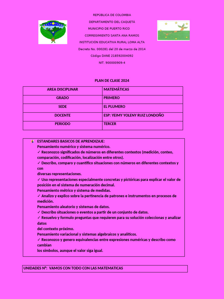 Plan de Clase 2024 Matemáticas Grado Primeroprimer Periodo | PDF