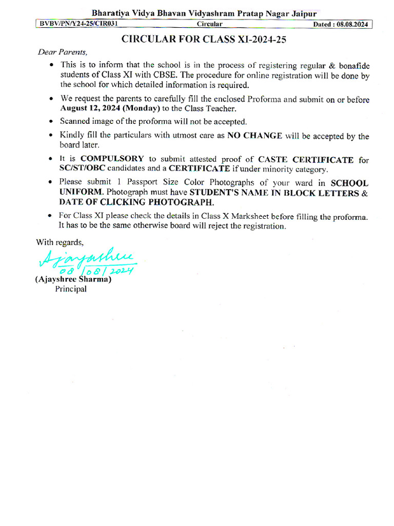 Circular - CBSE - Registration - Class XI 2024-2025 | PDF