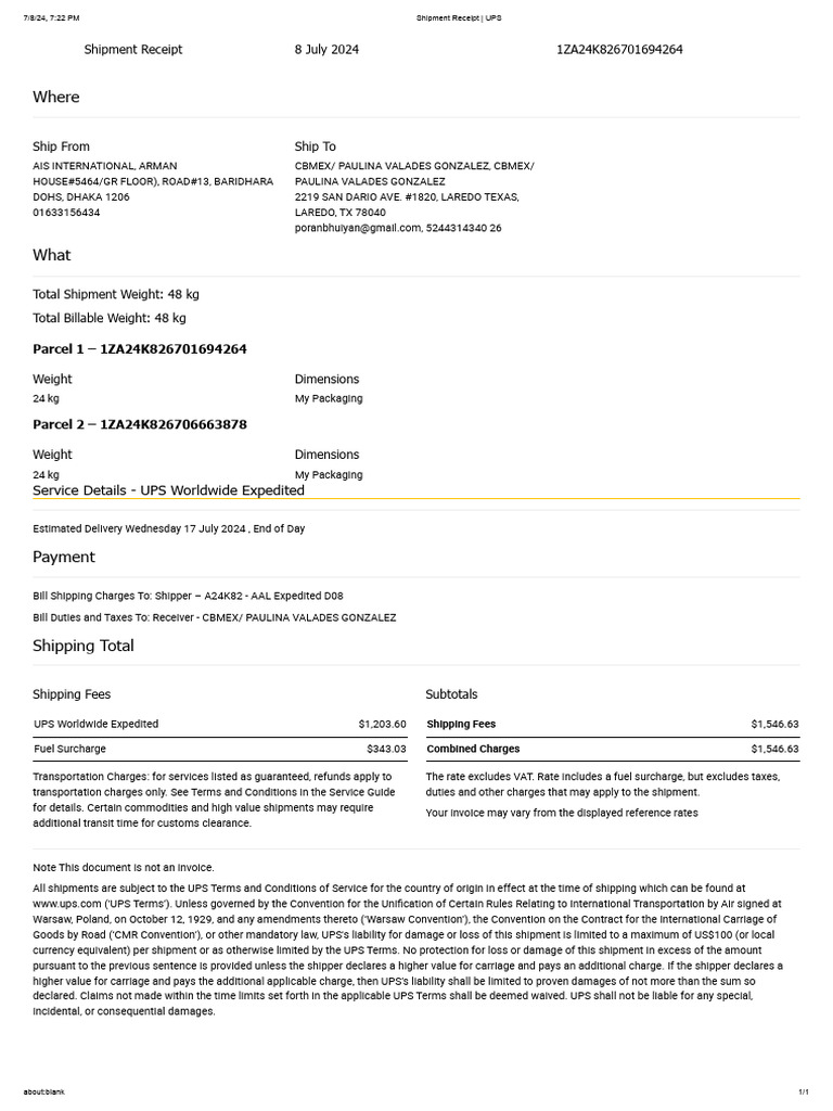 Shipment Receipt - UPS 080724 sr2 | PDF | Receipt | United Parcel Service