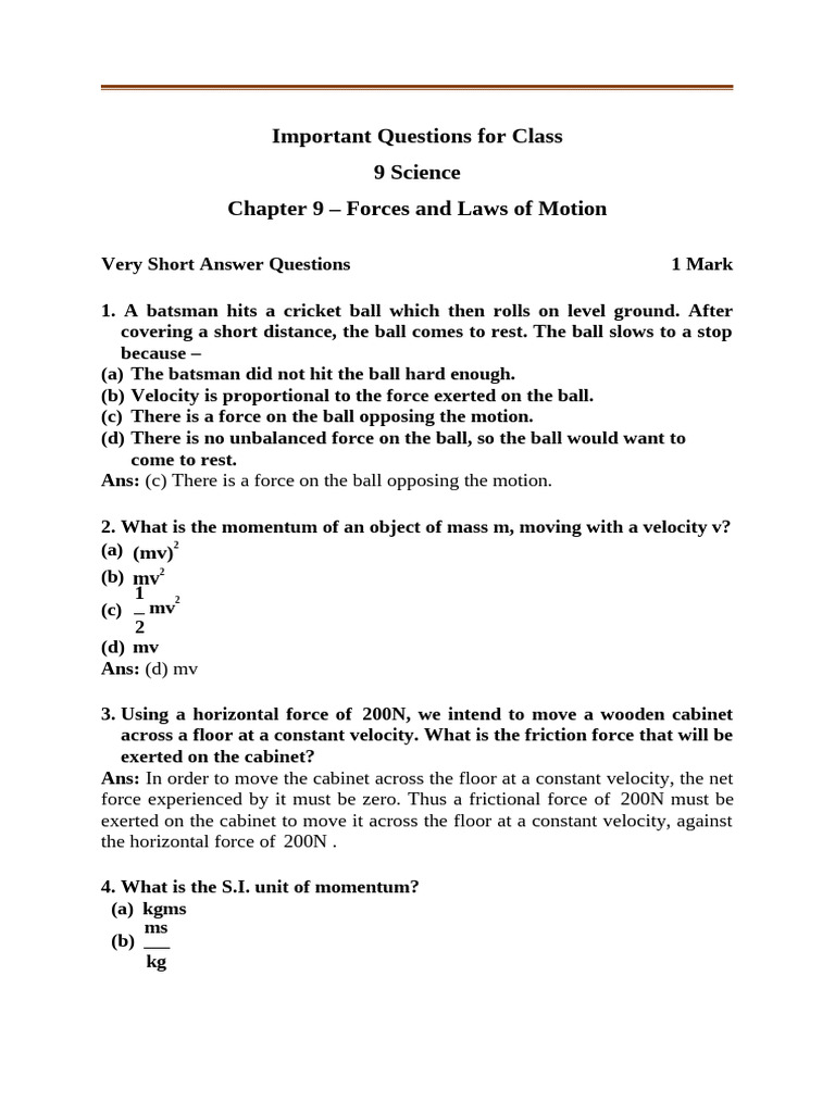 CBSE Class 9 Science Chapter 9 Force and Laws of Motion Important | PDF