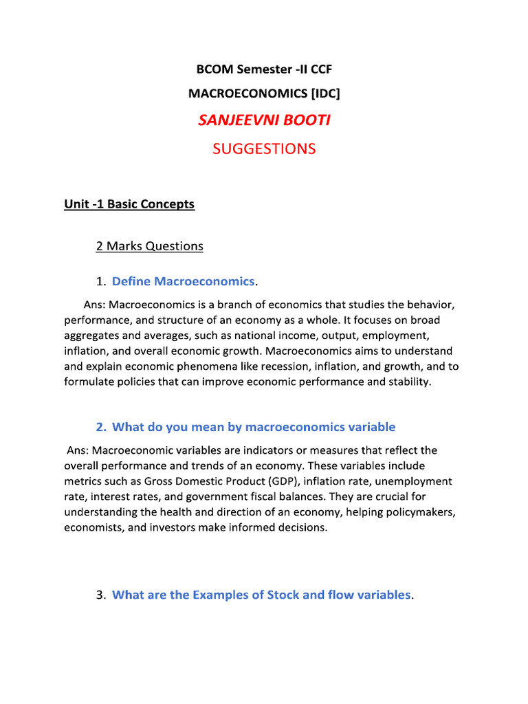 Macroeconomics unit 1 sanjeevni booti solutions pdf