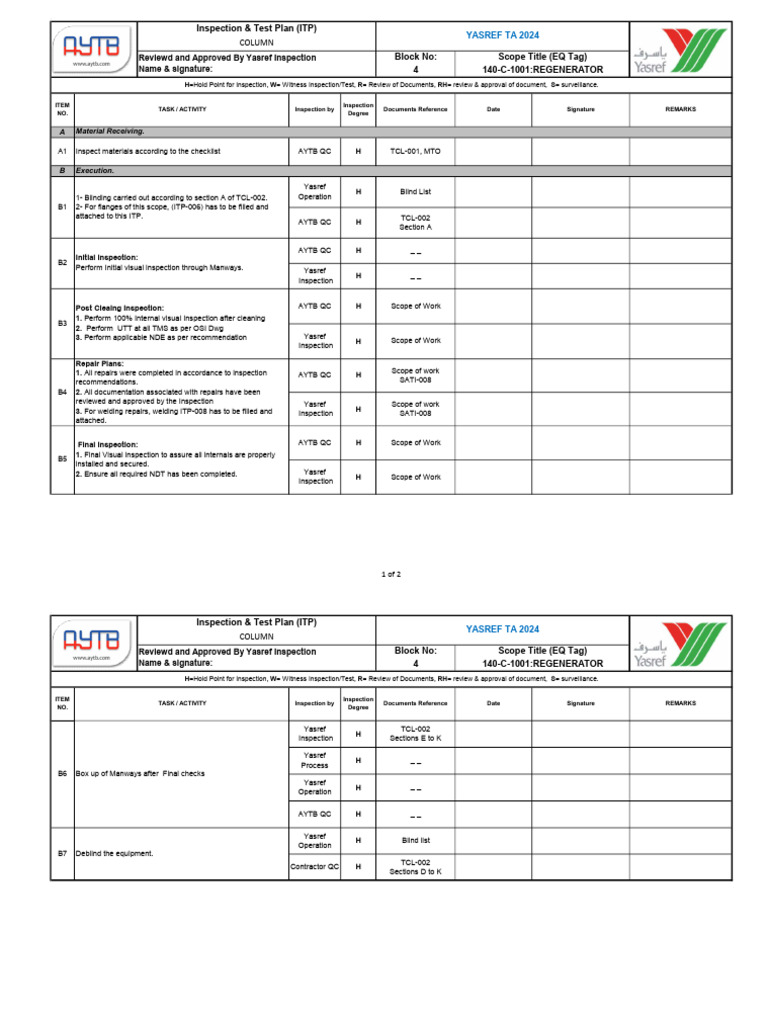Inspection & Test Plan (ITP) : Column | PDF