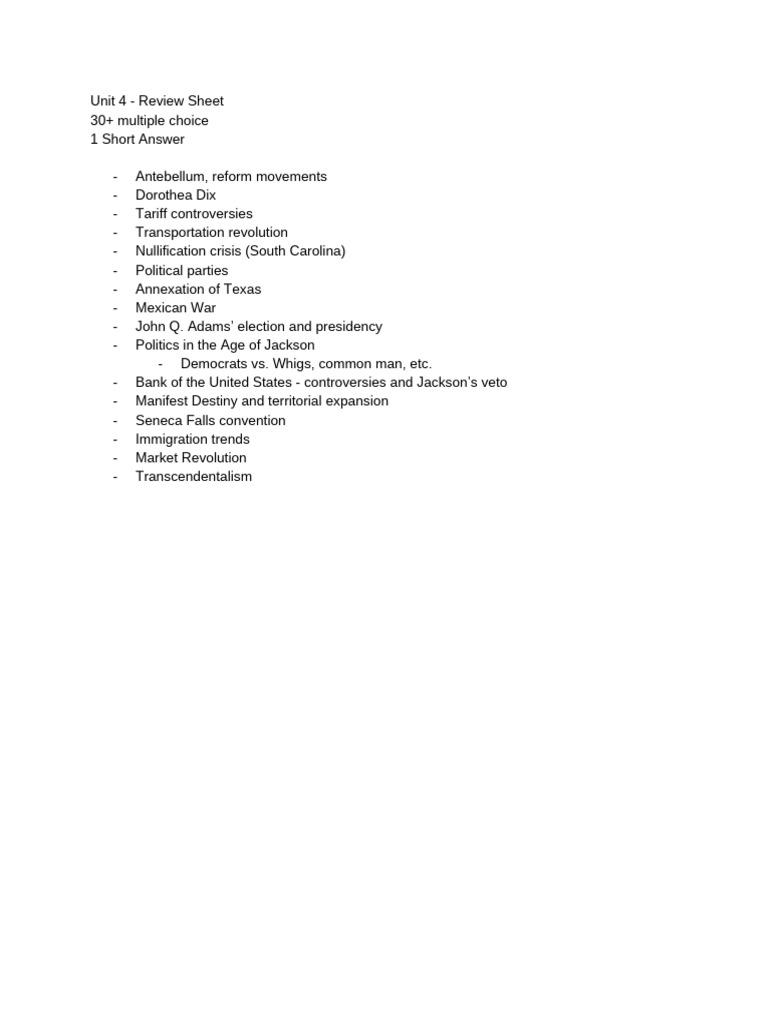 APUSH Unit 4 - Review Sheet | PDF