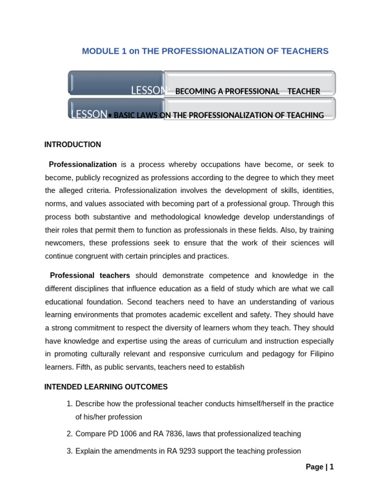 MODULE 1 Course Audit - THE PROFESSIONALIZATION OF TEACHERS | PDF