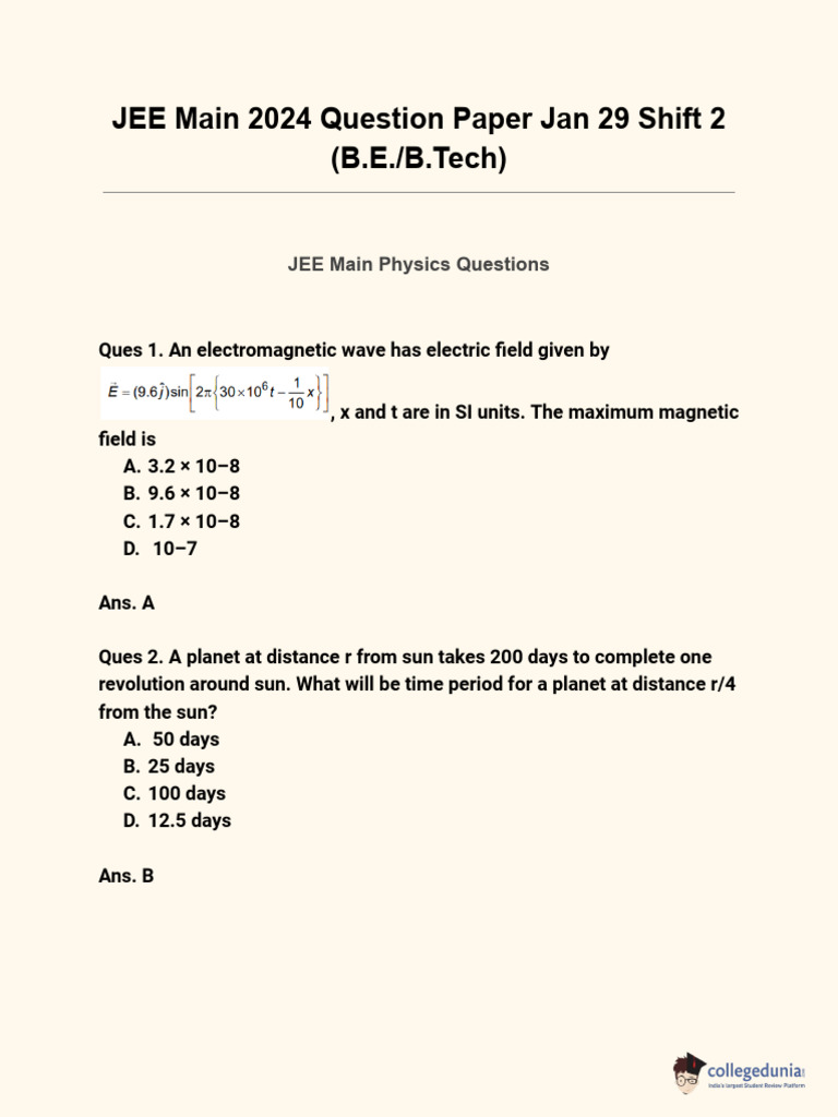 JEE Main 2024 Question Paper Jan 29 Shift 2 | PDF
