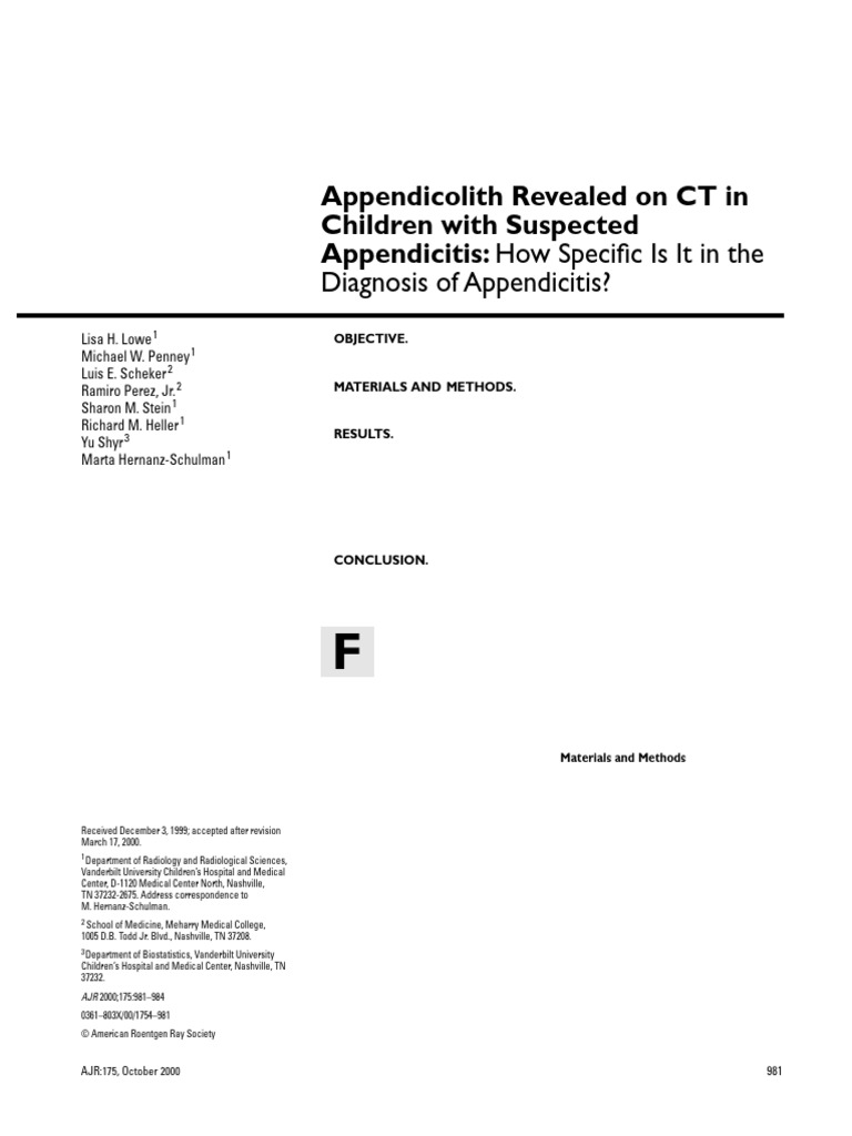 Lowe Et Al 2012 Appendicolith Revealed On CT in Children With Suspected ...
