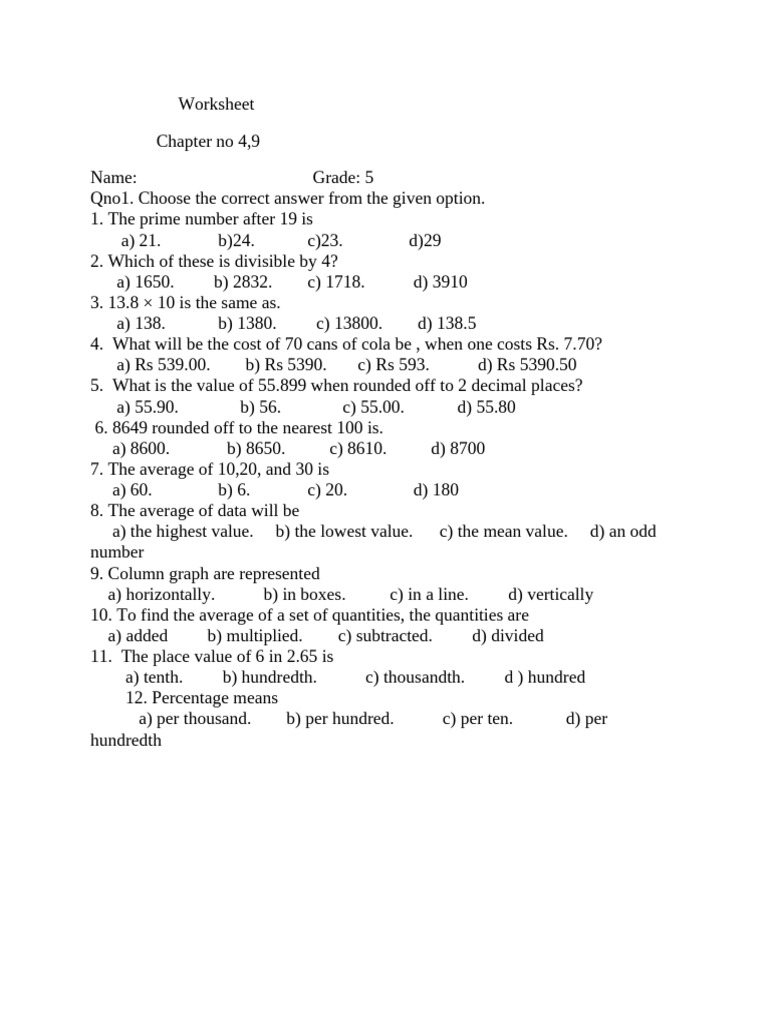 Class 5 math worksheet pdf