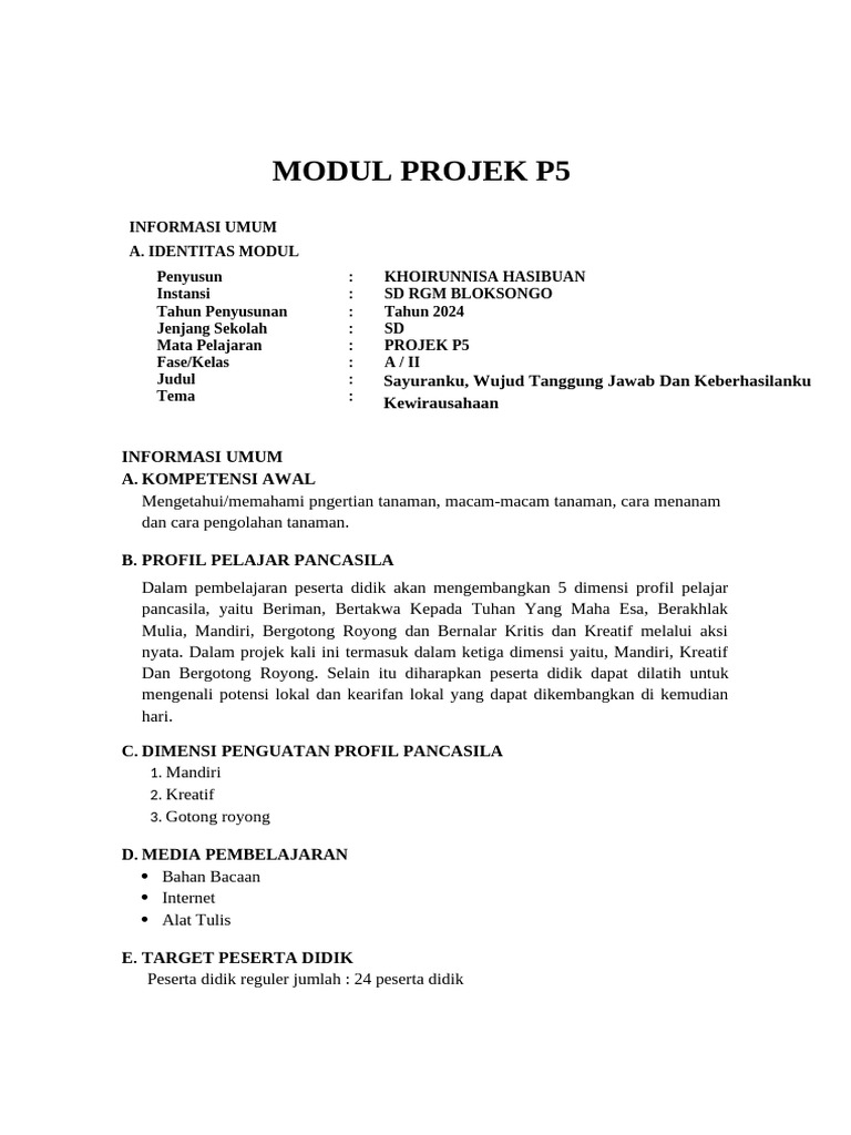 Modul P5 KLS 2a Nisa Benar | PDF