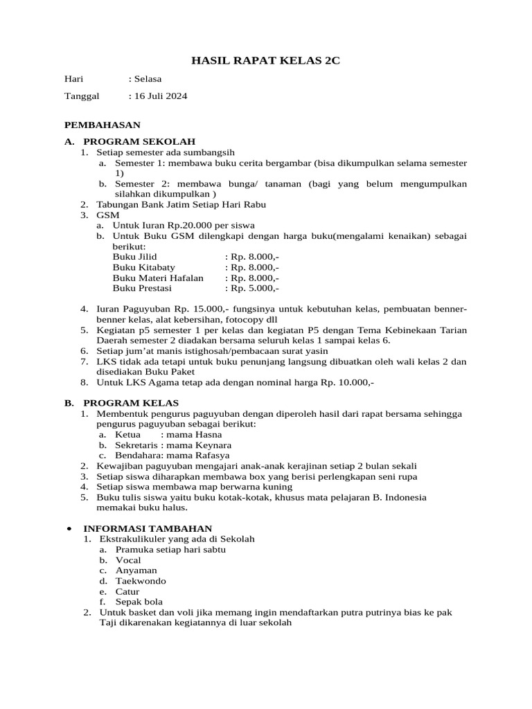 Hasil Rapat Kelas 2c | PDF