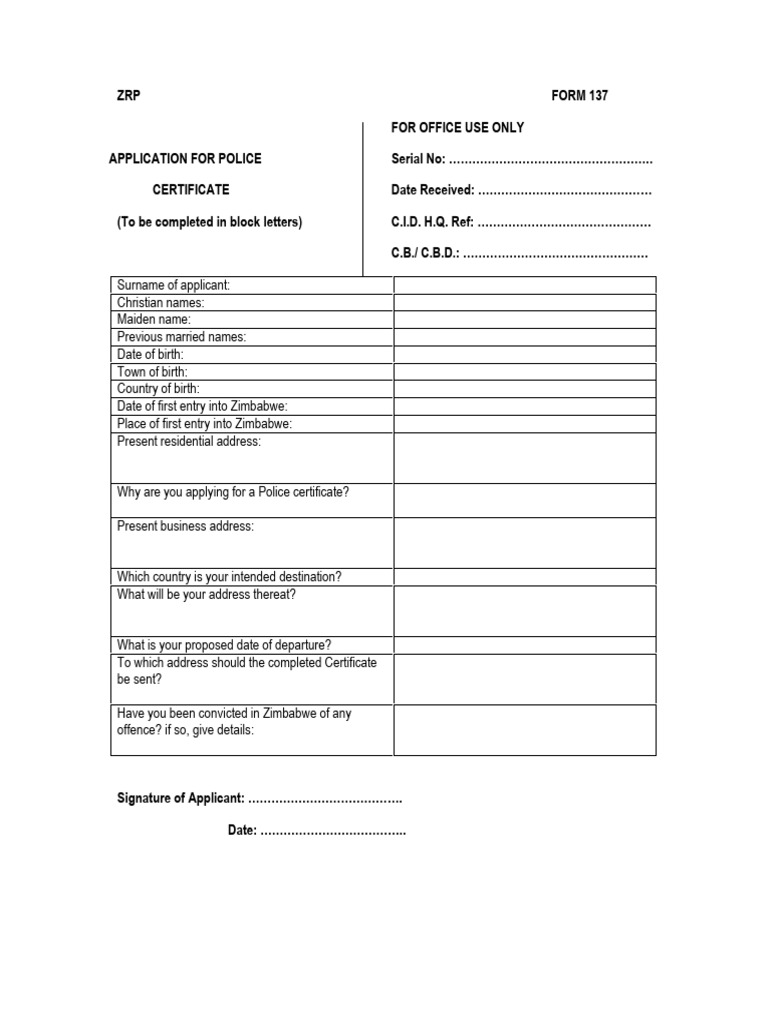 Police Clearance Form ZRP 137 | PDF