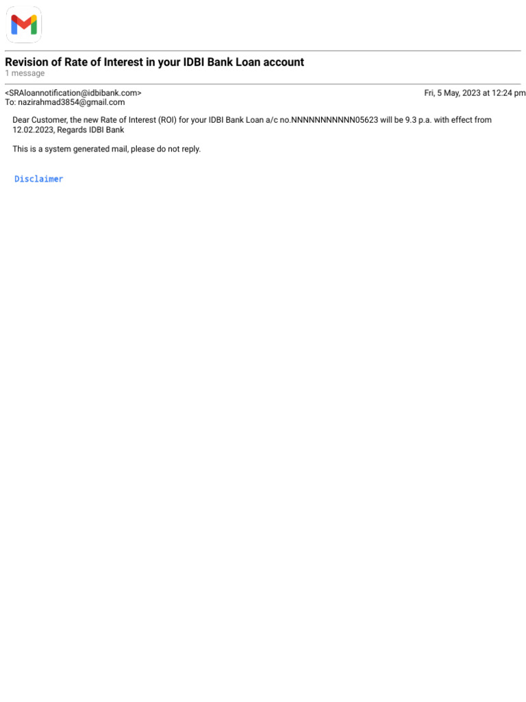 Gmail revision of rate of interest in your idbi bank loan account pdf