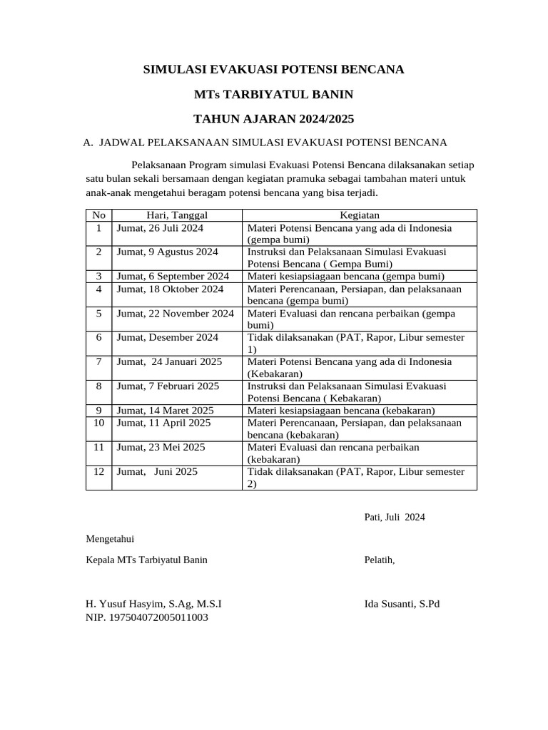 Jadwal Simulasi Evakuasi Potensi Bencana | PDF