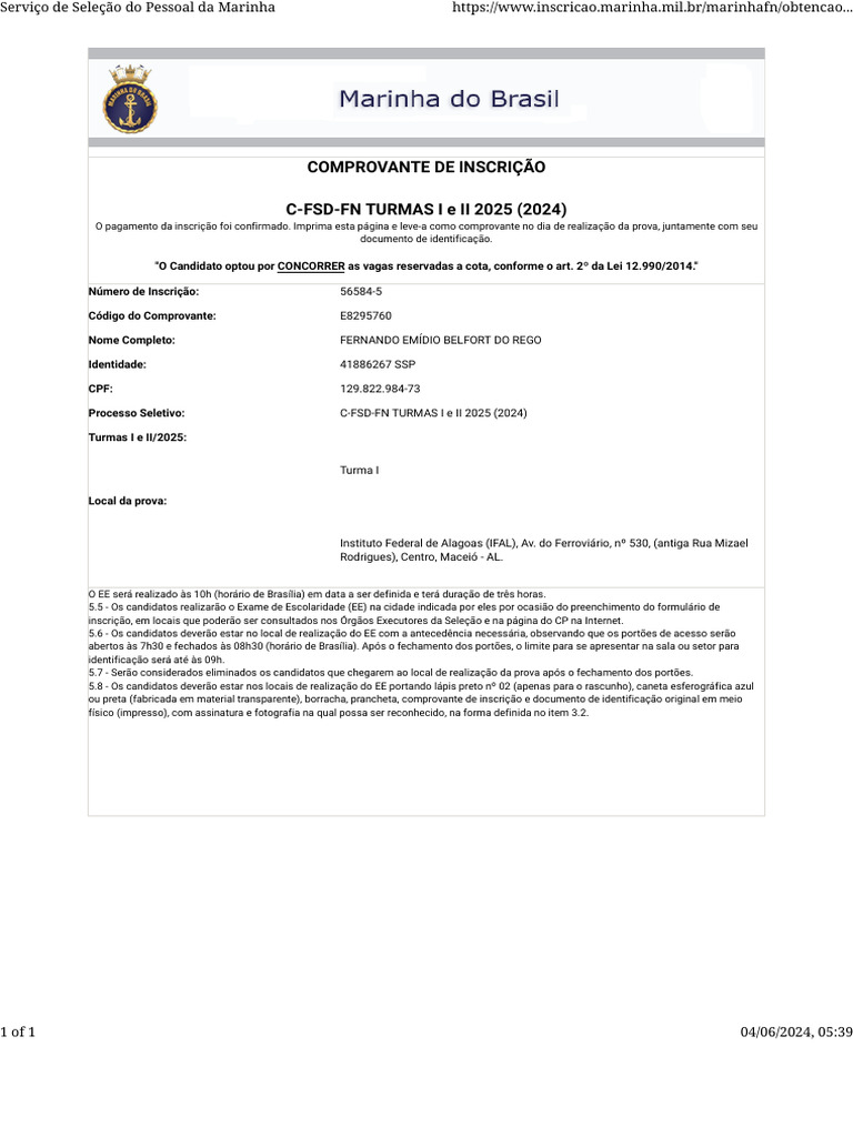 Comprovante de Inscrição C-FSD-FN TURMAS I e II 2025 (2024) | PDF