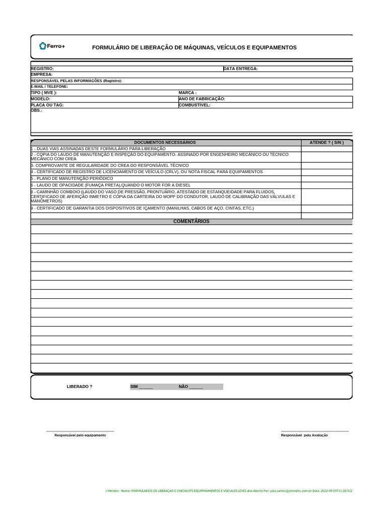 FORMULaRIOS DE LIBERAcaO E CHECKLISTS EQUIPMAMENTOS E VEICULOS LEVES | PDF