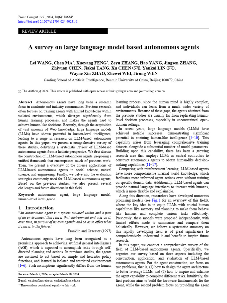 A Survey On Large Language Model Based Autonomous Agents | PDF