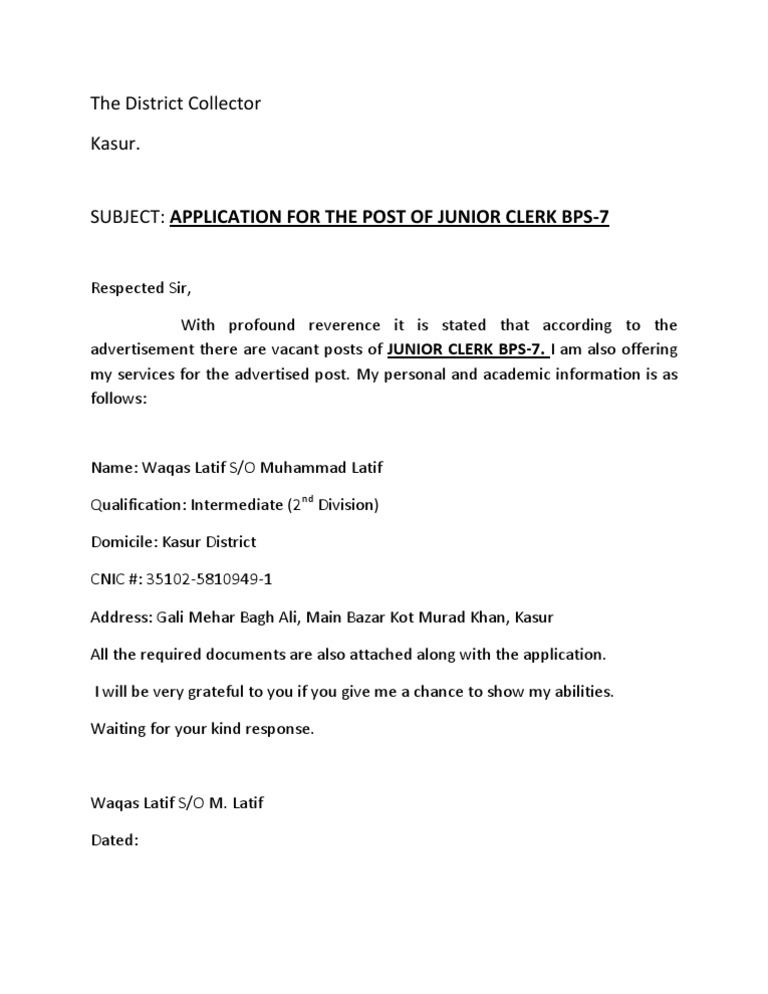 Junior Clerk Application - Waqas Latif | PDF