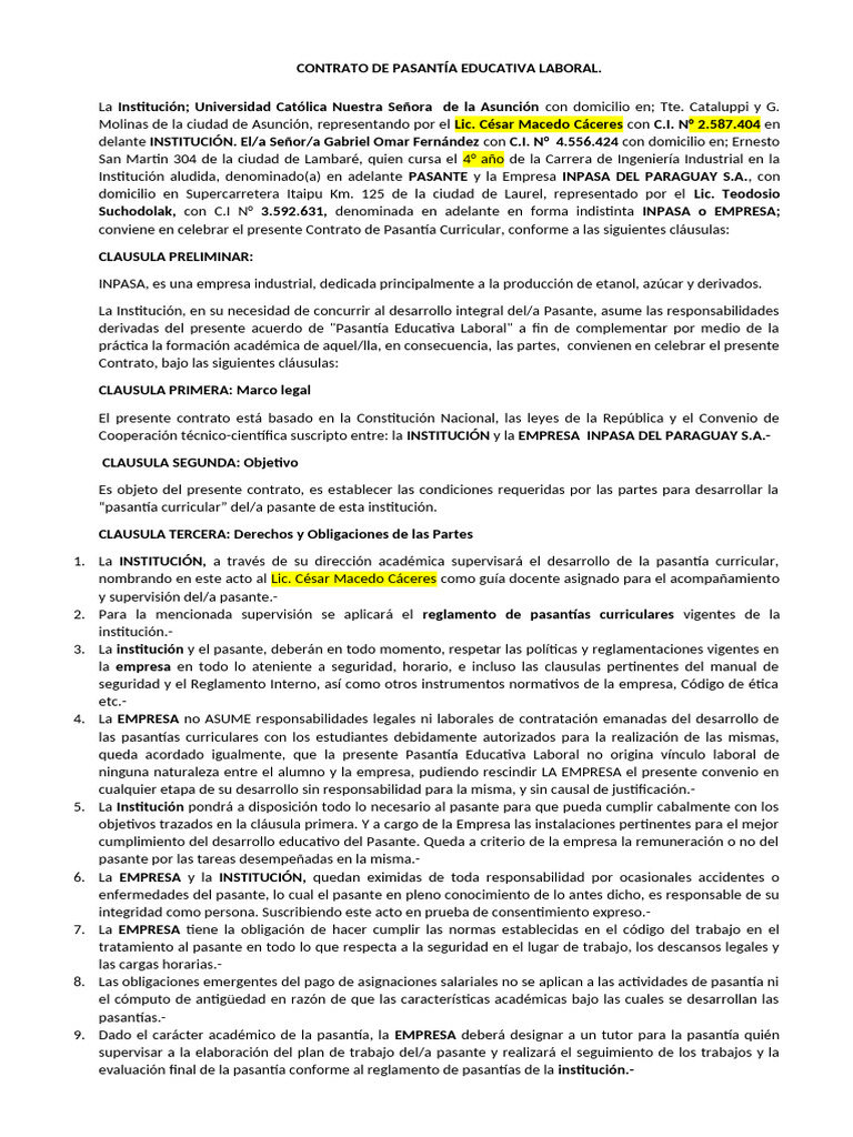 Contrato Pasantia Modelo | PDF