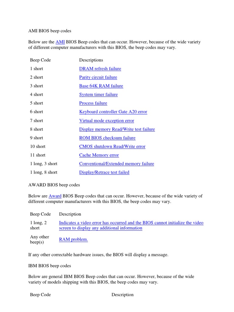 Ami Bios Beep Codes