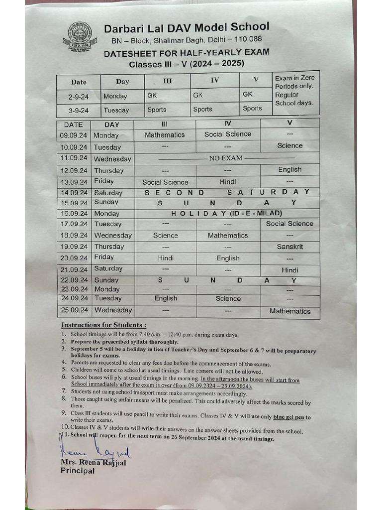 Half Yearly Datesheet (2024-25) Classes 3 To 5 | PDF