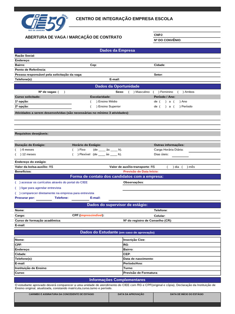 Novo Formulario De Abertura De Vaga E Contratacao Estagio Pdf