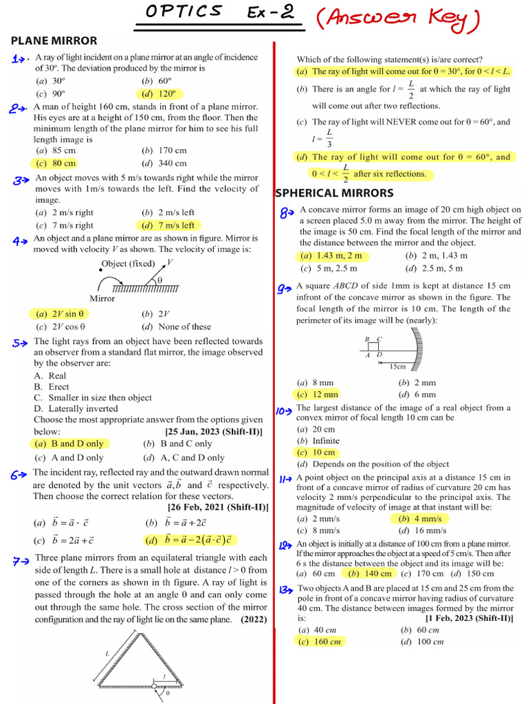 OPTICS EX-2 Answer Key Guide | PDF