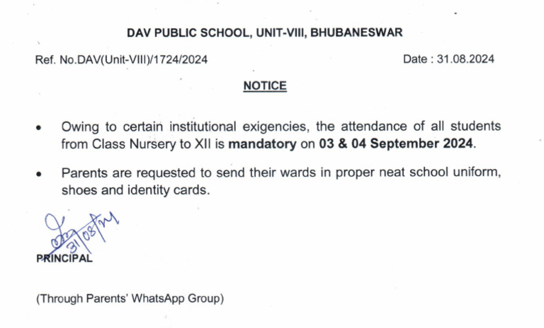 Notice 1724 - Mandatory Attendance of All Students On 03 & 04 September ...