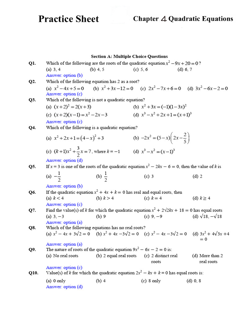 Class 10 Quadratic Equations Practice | PDF | Number Theory | Equations