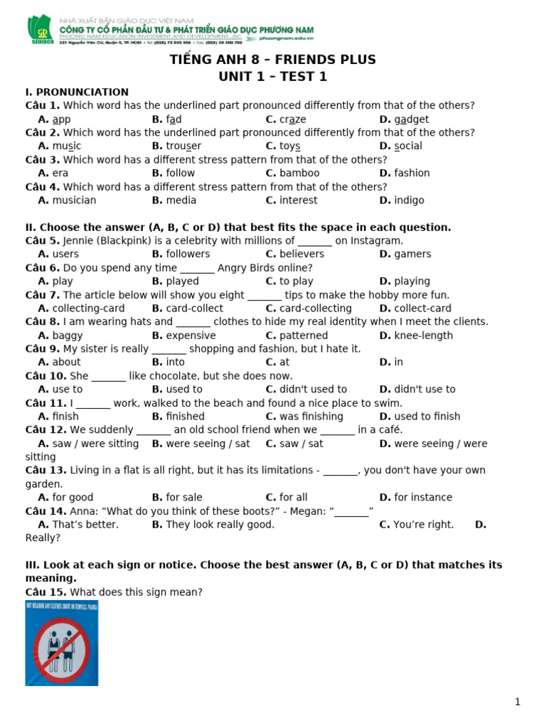 Anh 8 Friends Plus - Test 1 | PDF