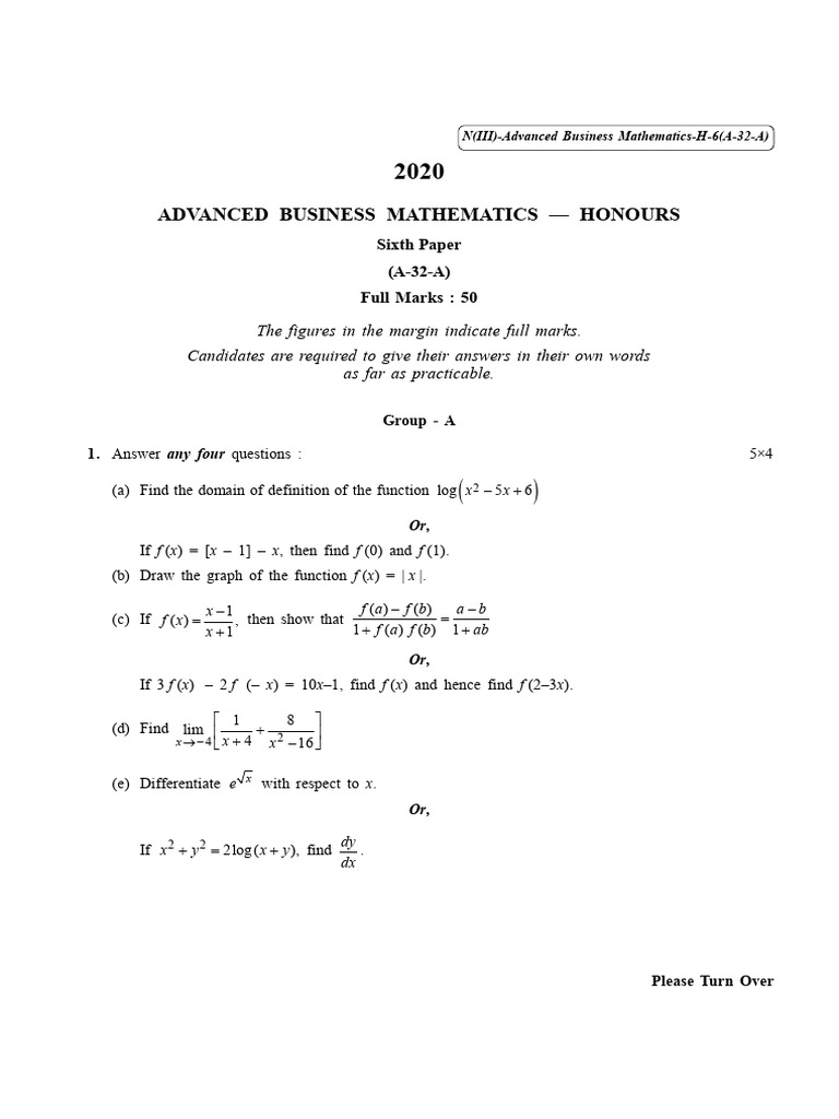 CU-2020 B. Com. (Honours) Advanced Business Mathematics Part-III Paper ...