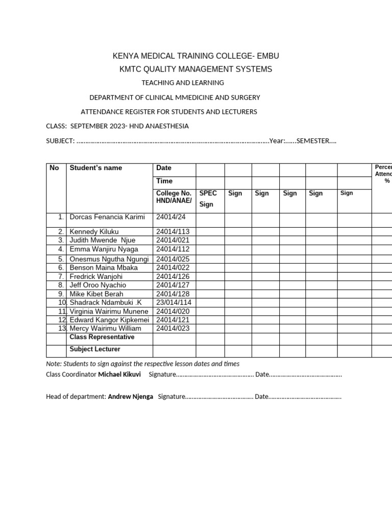 KMTC Embu Attendance Register HND Anaesthesia | PDF