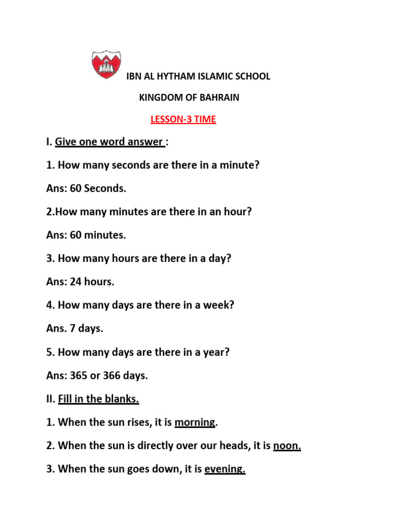 Class Ii Esson 3 Time Notes | PDF