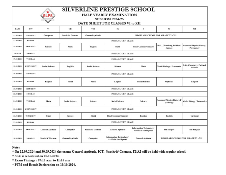 Half Yearly Datesheet - 2024-25 - Original | PDF